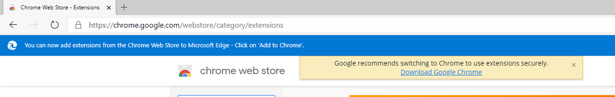 Loving the new #EdgeChromium but google has taken a note and unsurprisingly  isn't liking it. Notifying in #EdgeChromium when navigating to chrome web store - Google recommends switching to Chrome to use extensions securely. 😂😂