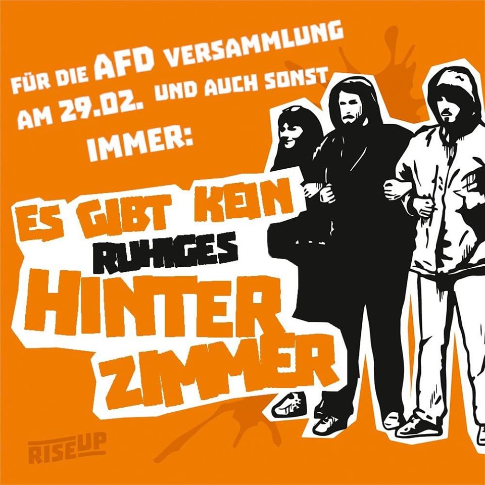 riseupduisburg's tweet photo. [Thread #du2902]

+++ AfD-Kreisparteitag abgesagt +++

+++ Haltet die Augen trotzdem offen +++

Seit Mitte der Woche brodelt die Gerüchteküche, das die AfD ihren morgigen Kreisparteitag abgesagt hätte. Doch sich nur auf die Aussage der AfD-Sprecherin zu verlassen? Nicht mit uns. https://t.co/1t9acD8srx