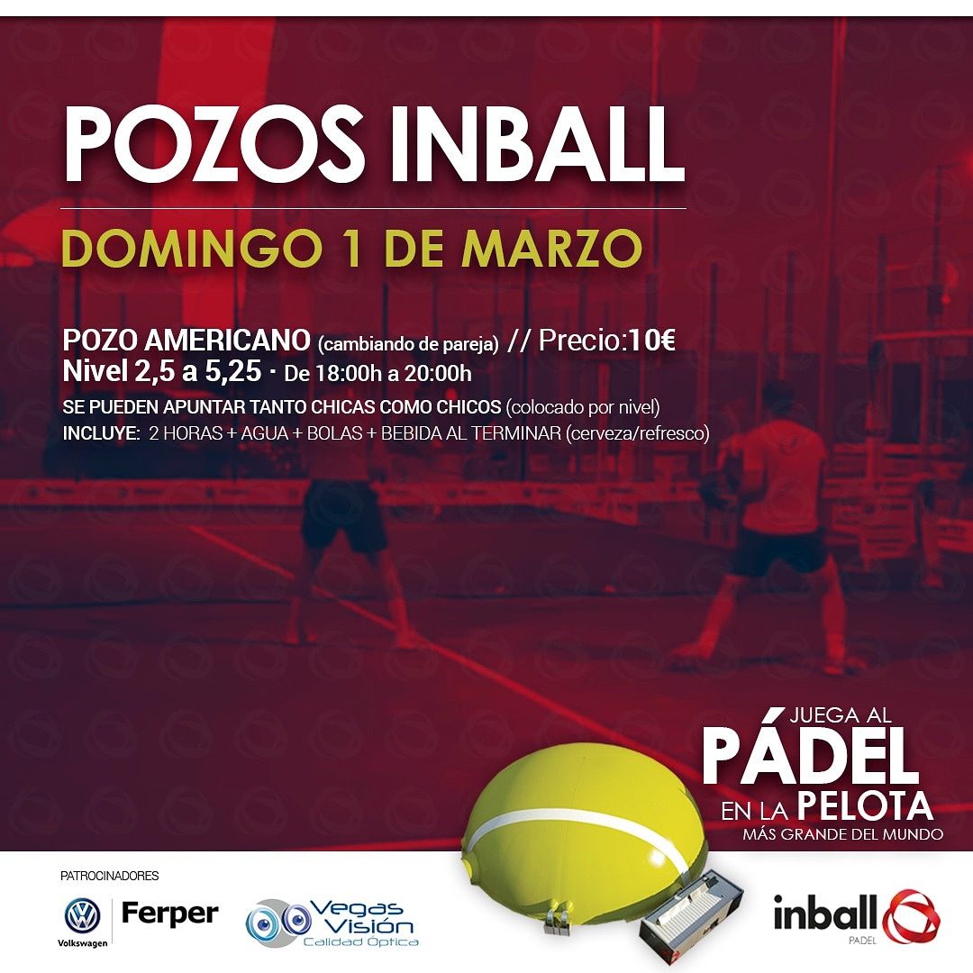 inballpadel's tweet photo. Seguimos con nuestros pozos dominicales:

Pozo Americano (cambiando de pareja)
🕐 18 -20 h 📊 Nivel 2,5 a 5,25
📈 Mixto  💵 10€🥤 Incluye: 2 h + agua + bolas + cerveza/refresco

Apúntate llamando al 660 229 501/918 966 312 o con @playtomic_app 👉 https://t.co/SxWXQsZFZF

#Inball https://t.co/ulQJd5VCYb