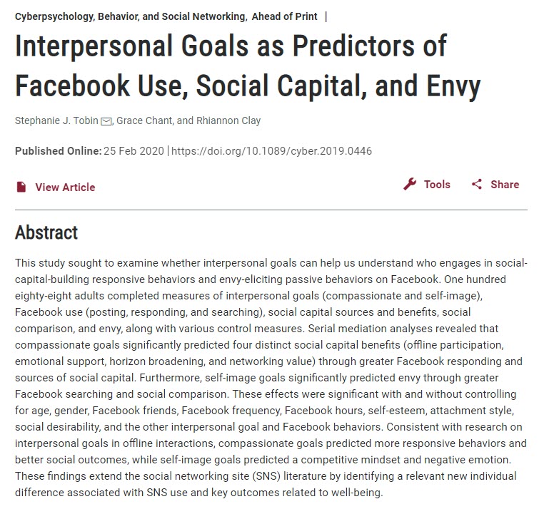 hinduja's tweet photo. New study! Facebook users with compassionate goals (to contribute to the lives of others) gain social capital. Those with self-image goals (to have others view them positively) experience more envy. Fostering the former = greater overall well-being! https://t.co/uMigYGbtEi https://t.co/Dhe00pqcRX