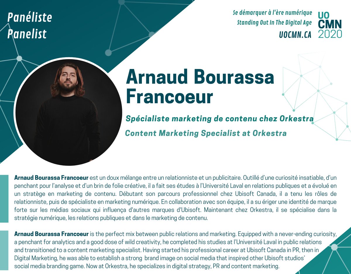 C'est avec grand plaisir que nous vous annonçons notre troisième panéliste pour l'#événement <a href="/UOCMN2020/">UOCMN2021</a> !! //
It is with great pleasure that we announce our third panelist for the <a href="/UOCMN2020/">UOCMN2021</a> #event!! <a href="/AFBourassa/">Arnaud Fran💙</a> 

#uottawa #communications #conference #DigitalMarketing