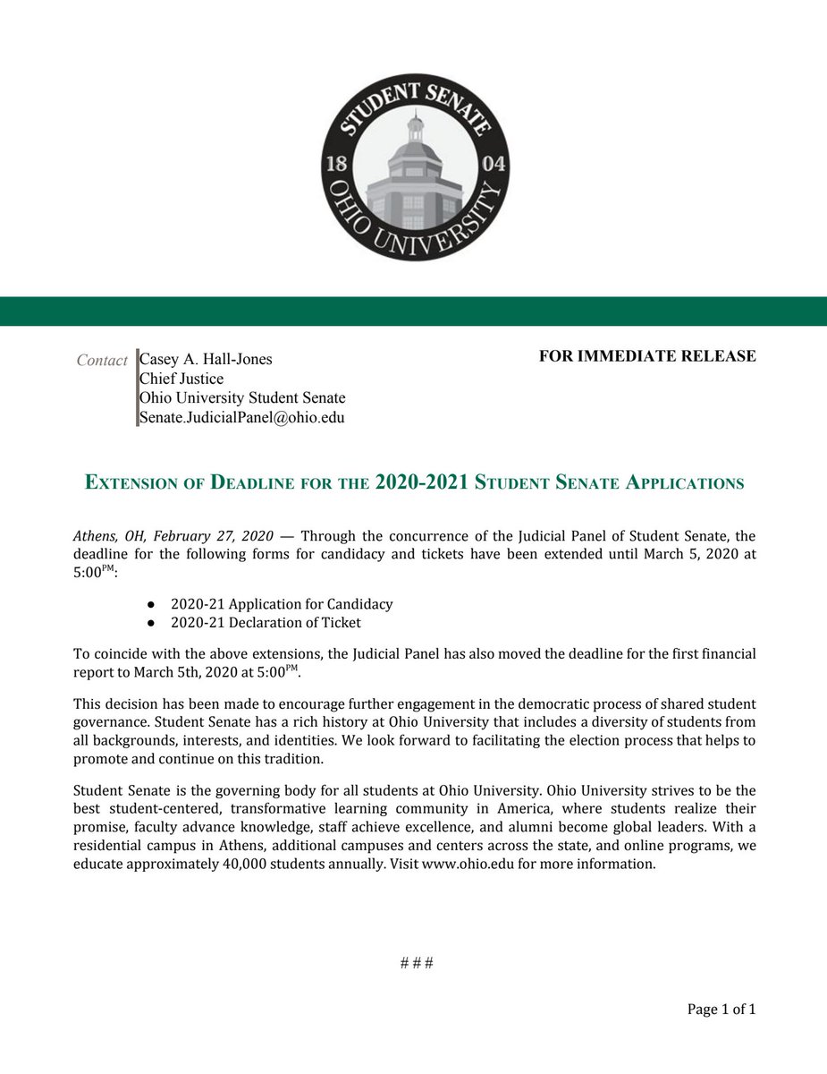 The Judicial Panel has extended the Application for Candidacy, Declaration of Ticket form as well as the deadline for the first Financial Report! All applications and documents are due by March 5th, 2020 at 5 PM! 

#StudentSenateElections