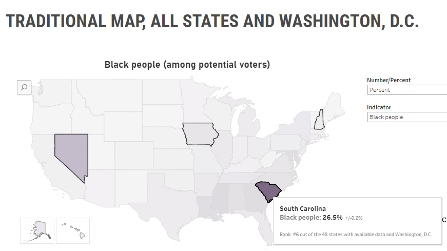 c_helmstetter's tweet photo. 26.5% of South Carolina's electorate is Black, compared with  9.7% in Nevada, 1.4% in New Hampshire, &amp; 2.6% in Iowa

More comparisons via @APMResearch's nonpartisan #RepresentingUS project--> https://t.co/R44ziJx3hj 
#SCPrimary #SCprimary2020 #BlackHistoryMonth #ACSdata #dataviz https://t.co/L4sZcAkaLH