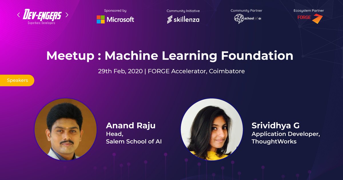 skillenza's tweet photo. #Devengers Meetup in #Coimbatore!
We bring you #ML meetup in your city. Join us for the meetup on "๐ ๐ฎ๐ฐ๐ต๐ถ๐ป๐ฒ ๐๐ฒ๐ฎ๐ฟ๐ป๐ถ๐ป๐ด ๐๐ผ๐๐ป๐ฑ๐ฎ๐๐ถ๐ผ๐ป" sponsored by @MicrosoftIndia.
๐ฃ @FORGE_FORCE
๐ 29แตสฐ Feb 2020
๐ 10:00 AM - 1:00 PM
#WeAreDevengers #ProveYourself https://t.co/sbUa4Bcn7Z