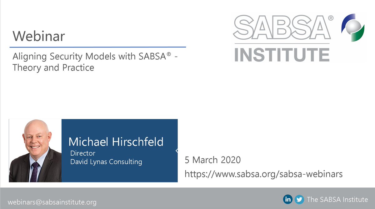 Webinar: Aligning Security Models with SABSA - Theory and Practice - Thursday 5 March, 12:00 GMT. Full overview &amp; registration: sabsa.org/webinar-aligni…