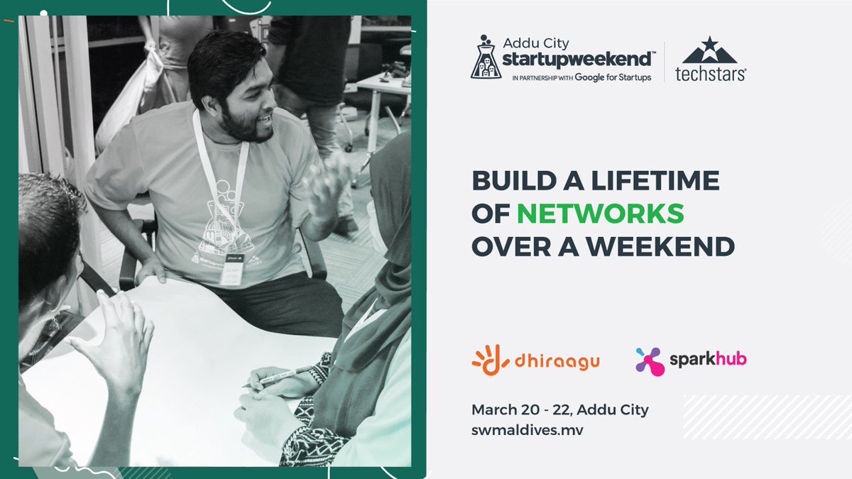 You can build a lifetime of networks in no time at Startup Weekend Addu City Edition. Watch this space as we share more stories! 

Register today ➡️ swmaldives.mv

 #SWAdduCity 

In partnership with <a href="/Dhiraagu/">Dhiraagu</a> <a href="/sparkhubmv/">SparkHub</a>