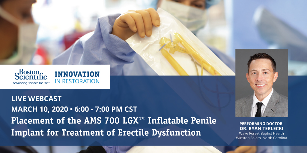 conexiant's tweet image. Join Dr. Terlecki as he implants an AMS 700 LGX™ Penile Prosthesis with InibiZone™ Treatment via a streamlined penoscrotal approach. 

Watch LIVE: url.bcst.md/ams-700-lgx