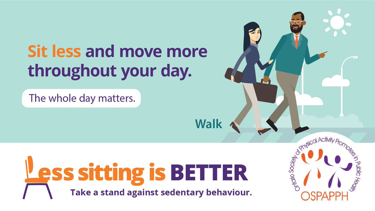 BramptonBOT's tweet photo. Canadian adults need to sit less and move more throughout the workday. Break up your sitting time by scheduling a walking meeting #FitnessFriday #HealthyWorkplace #EmployeeHealth  #LessSittingisBetter https://t.co/2IUqWvIGyv