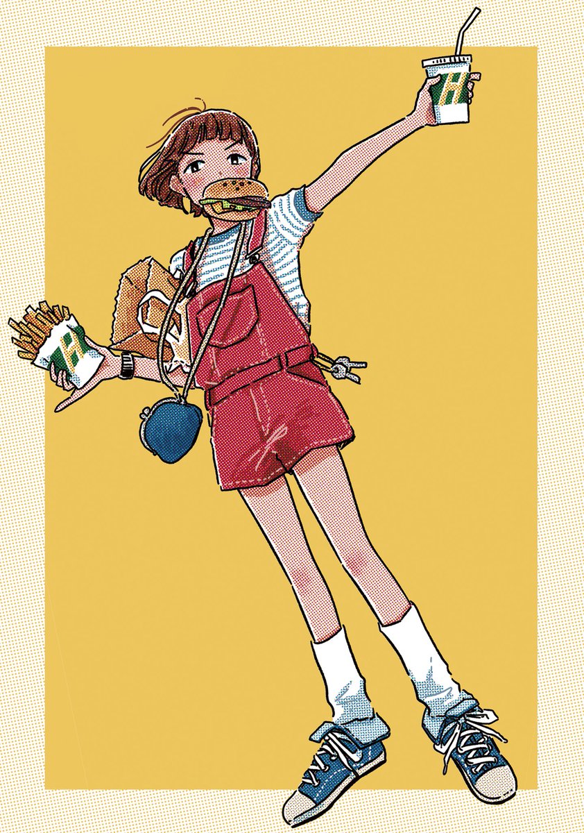 1girl solo food shirt striped shirt brown hair socks  illustration images