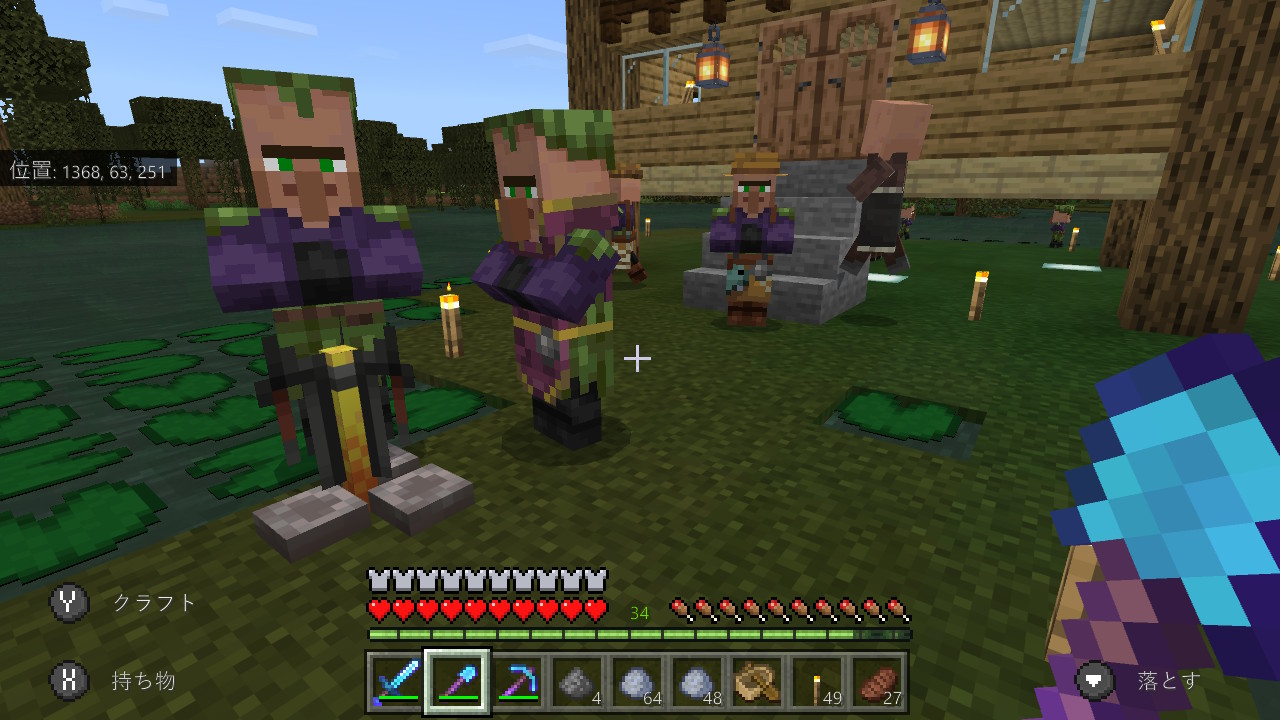 リュウ 森のハンター メイン拠点に司祭さんが居ないことに気づいて 湿地帯村からいらっしゃいー 背中の服の模様 クリちゃんやん Minecraft マイクラ マインクラフト Nintendoswitch