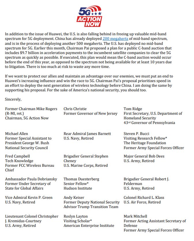 CesarConda's tweet photo. Historic day @FCC today as commissioners vote on @AjitPaiFCC #CBandPlan. Yesterday, 27 respected national security experts sent letter supporting #CBandPlan because it is critical for US global leadership in #5G, especially vis-a-vis China. #5GFastPlan @5GActionNow https://t.co/LMFAWf90Qq