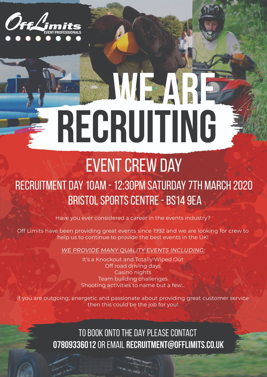 **We're recruiting** 

EVENT CREW!! 

We need some new recruits to help run our fantastic events! Would you like to join us? Why not come along to our recruitment morning Saturday 7th March in Bristol!