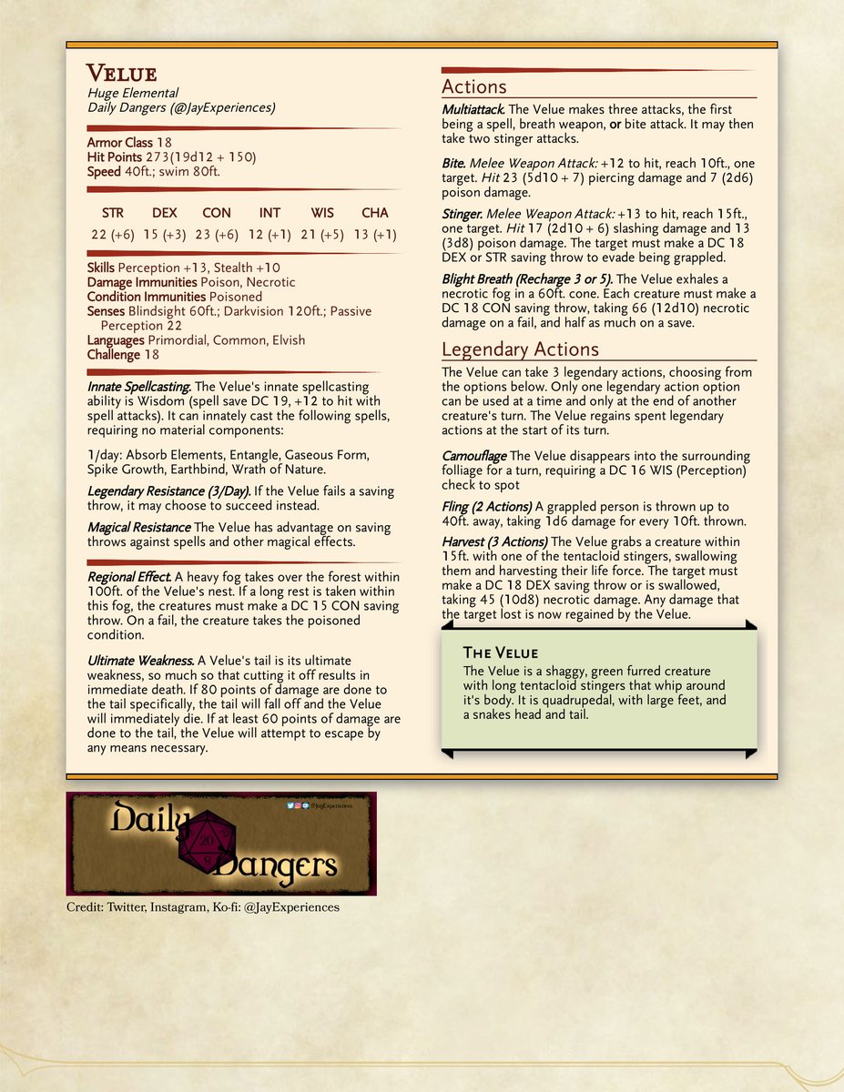 JayExperiences's tweet image. #DailyDangers number three is here for 02/28/200; shout out to my #dnd and #ttrpg friends who have gently encouraged me to keep going. As always, here's a link for clarity, and today's Daily Danger, the Velue!
imgur.com/gallery/vFzDNzt
#dungeonsanddragons #homebrew #dnd5e