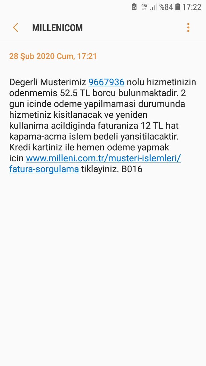 <a href="/millenicom/">Millenicom</a> Taşındık ama size geç haber verdik diye kullanmadığımız interneti bize fatura ettiniz.Üstüne birde 1 aydan fazla suredir port yok diye yeni ofise hizmet veremediniz.Maillerimizi telefondan atıyoruz.Bugünde bu mesaj geliyor. #millenicom #internet #milleni #vdsl #adsl