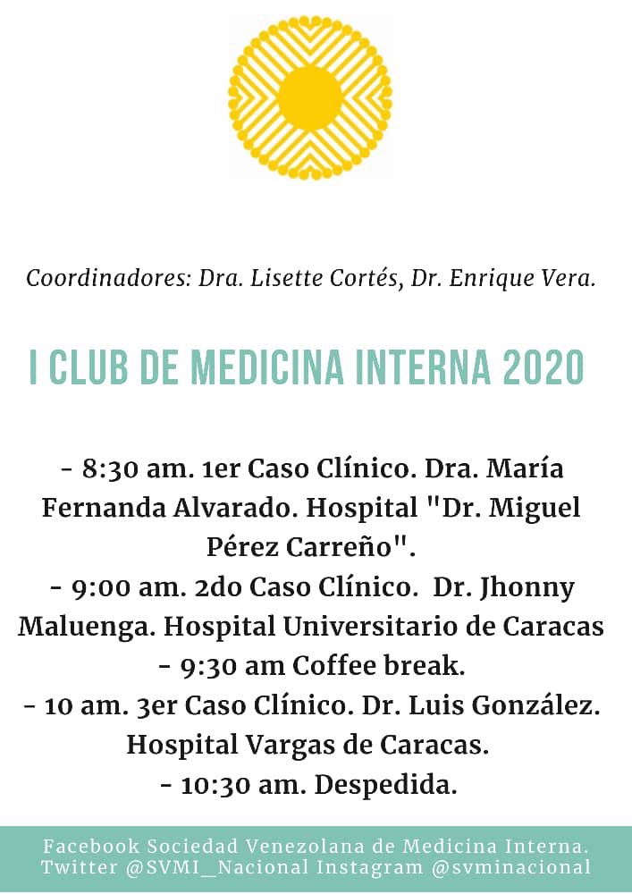 SVMI_Nacional's tweet image. Mañana #29F tenemos Club de Medicina Interna, en la sede de la Sociedad en Caracas.
Esta actividad permite reunir a estudiantes, residentes y especialistas fuera del ambiente hospitalario, a discutir casos clínicos de interés.
#orgullososdeserinternistas #svmi