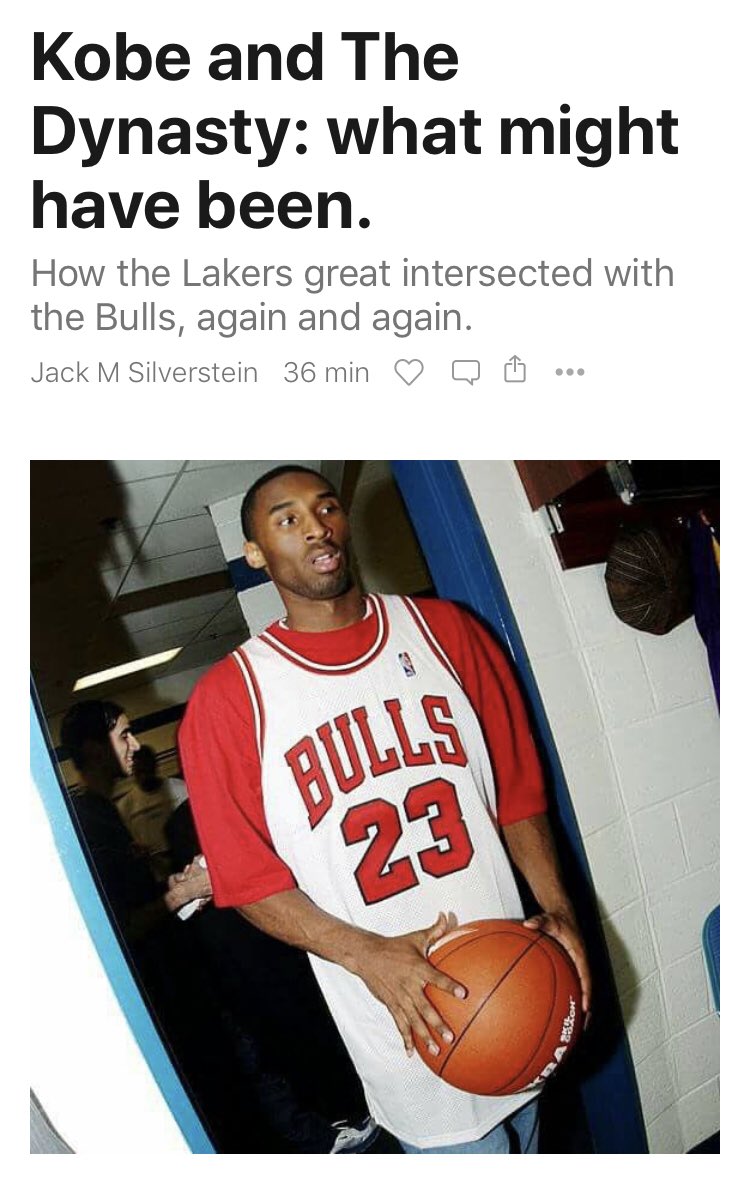 Today’s newsletter is in honor of Kobe Bryant. It won’t make you feel better about the Bulls. But you’ll enjoy it anyway. https://readjack.substack.com/p/kobe-and-the-dynasty-what-might-haveFree here: