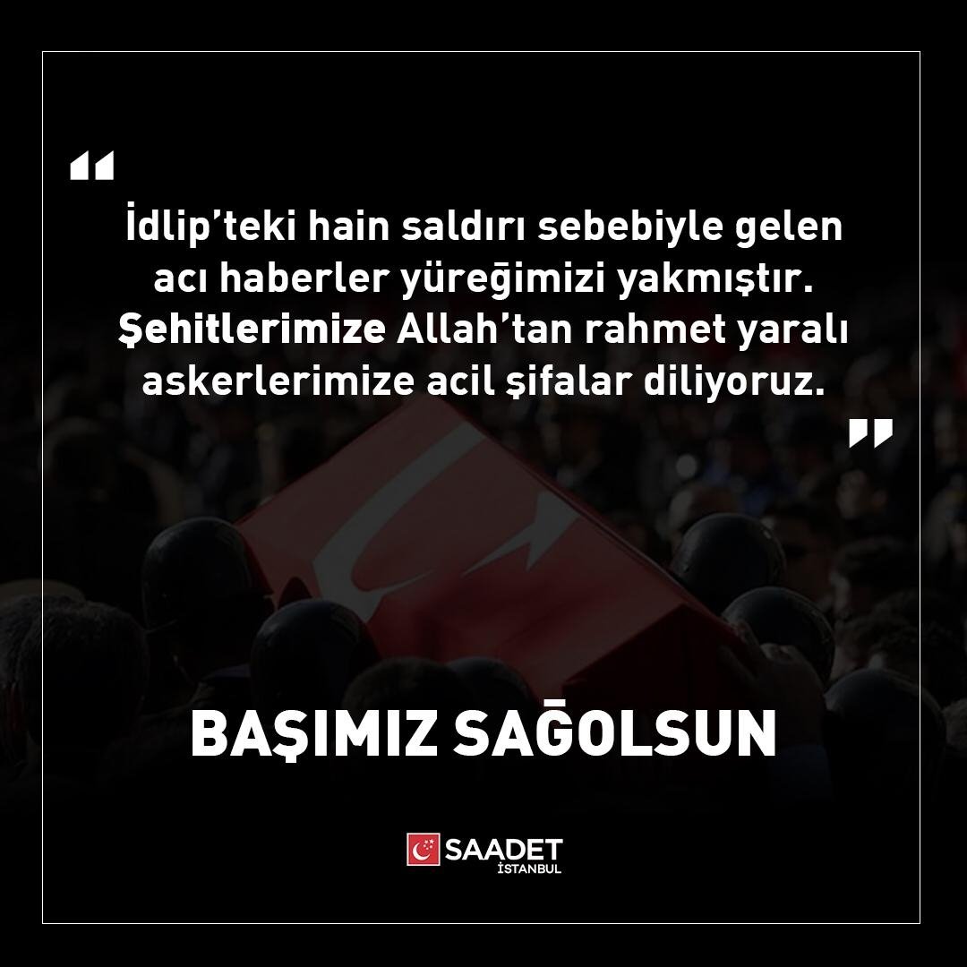 İdlib’de düzenlenen saldırıda şehit olan 33 evladımıza Allah’tan rahmet diliyoruz. Şehitlerimizin ailelerine, Türk Silahlı Kuvvetleri’ne ve necip milletimize başsağlığı diliyoruz.