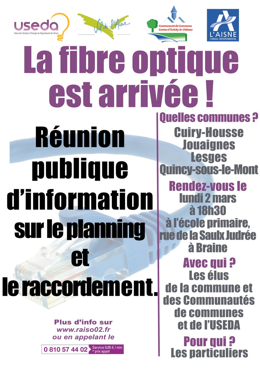 useda02000's tweet photo. #Réunionpublique #fibreoptique : Les habitants de #CuiryHousse, #Jouaignes, #Lesges et #QuincysousleMont sont conviés le lundi 2 mars à 18h30 à l'école primaire, rue de la Saulx Judrée à Braine pour s'informer sur le planning et les modalités de #raccordement à la fibre optique ! https://t.co/WwCiGkDLSF
