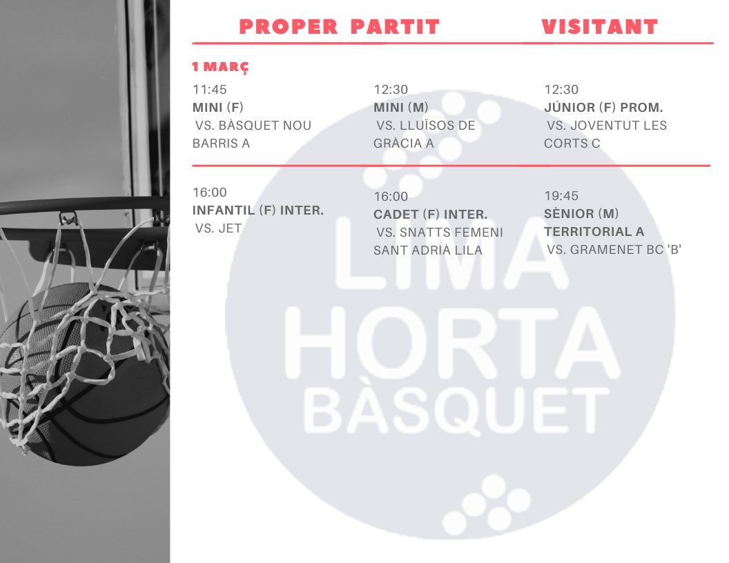 LimaHortaBasket's tweet photo. PROPER PARTIT 🏀
#famíliasalmó #partits #calendaripartits #thoestàsperdent #bàsquet https://t.co/wnkDWEectb