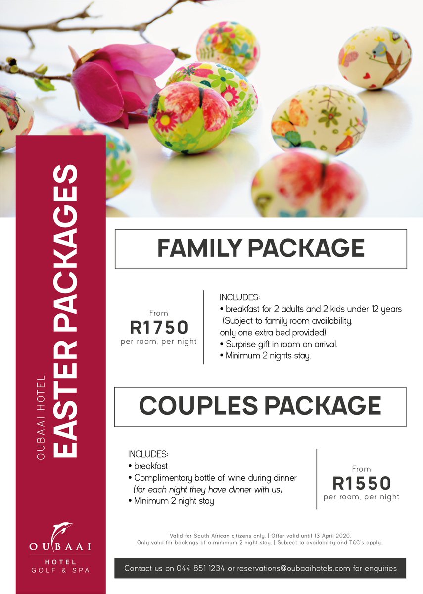 Easter weekend is fast approaching and our   team has been at it again. Introducing our Easter Packages for 2020!

Book now to avoid disappointment. 
reservations@oubaaihotels.com

#Easter #holiday #family #couples #hotel #getaway #fun #relax #luxury #spa #hotel #golf