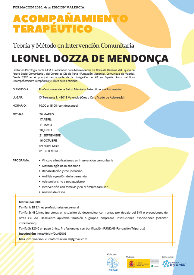 Creap_Valencia's tweet photo. 📣 #Formación Acompañamiento Terapéutico
🗣️Impartido por #LeonelDozza
🗒️4ª Edición
📍 @Creap_Valencia
🗓️ Inicio 26 marzo
📲 inscripciones: https://t.co/MWJnpU95JP
💡+ info: https://t.co/65D4bQ8Alm
@Imserso @GrupoReyArdid https://t.co/4IRXCLcD3m