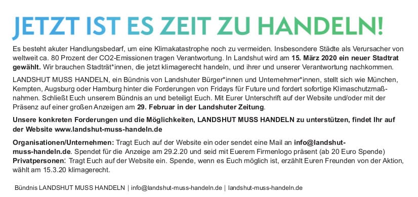 la_muss_handeln's tweet photo. Landshut muss handeln ist am Start!
Unternehmen, Organisationen, Privatpersonen stellen sich hinter die Forderungen von Fridays for Future, denn Klimagerechtigkeit geht uns alle an!

Mehr Infos:
https://t.co/B1AZ9FuGm7 https://t.co/ppjrIotHBV