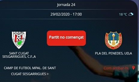 #4cat10 | Jornada 24 ⚽️
📅Dissabte 29 de febrer 
🕔17:00h
<a href="/CFSesgarrigues/">C.F.Sant Cugat Sesgarrigues</a> vs <a href="/UEPladelPenedes/">Unió Esportiva El Pla del Penedès</a> 
🗺️Camp municipal de Sant Cugat Sesgarrigues 
#futbolcat #nodefallim #totssomunequip 
<a href="/CopaRadio/">COPA RADIO VILAFRANCA</a>