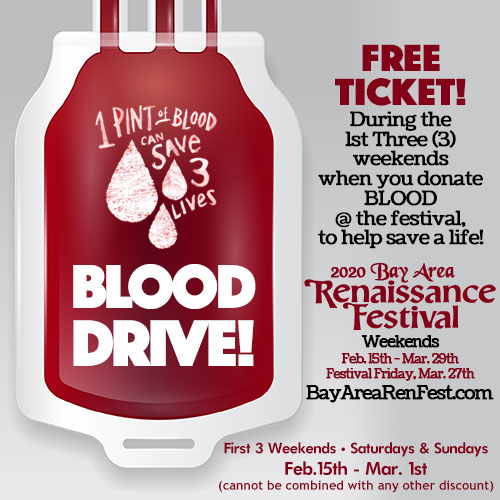 BayAreaRenFest's tweet photo. This is the final weekend to give back and save big by participating in our Annual Blood Drive or Food Drive.

#MakeADifference #showsomelove #changelifes #TogetherWeRise https://t.co/8M3furxmvT