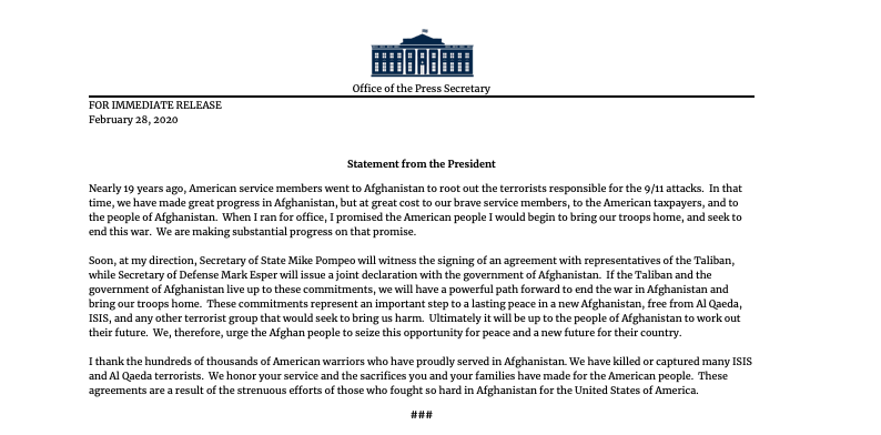 newsguyusa's tweet photo. "Soon, at my direction, Secretary of State Mike Pompeo will witness the signing of an agreement with representatives of the Taliban, while Secretary of Defense Mark Esper will issue a joint declaration with the government of Afghanistan," says @POTUS in statement. #Afghanistan https://t.co/o4YV420lmO