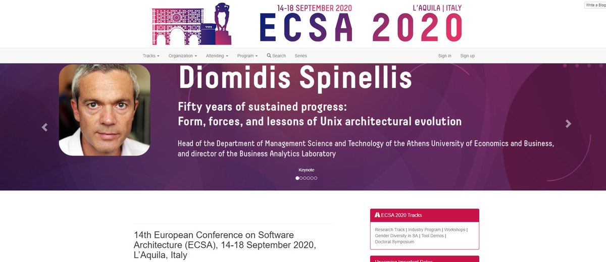 #ecsa20 #Keynote : trilled to inform you that Diomidis Spinellis <a href="/CoolSWEng/">Diomidis Spinellis</a> will provide a keynote <a href="/ECSACONF/">ECSA 2024</a> on "Fifty years of sustained progress: Form, forces, and lessons of Unix architectural evolution" ecsa2020.disim.univaq.it/info/keynotes