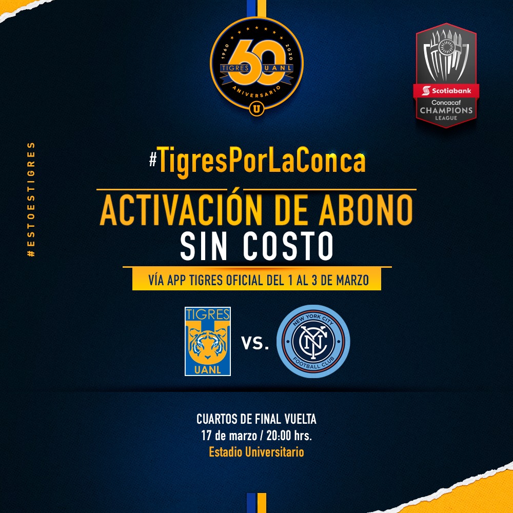 TigresOficial's tweet photo. 🏟Queremos ver el Uni lleno para el juego de Vuelta de 
@TheChampions ante el @NYCFC y, por esta ocasión, podrás activar tu abono sin costo para alentar con todo desde la tribuna. 🇺🇦🎉

Consulta fecha y horario aquí 👇, no te quedes fuera.

#EstoEsTigres 🐯
#6DecadasDeTigres 🟡🔵 https://t.co/zG8LLoNsSe