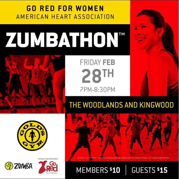 GoldsConroe's tweet photo. Get your dancing 👠 because tonight is the night! ZUMBATHON™️ for the American Heart Association! ♥️ 

Feel like dancing for a great cause? Come out to either of these locations: 
📍 Gold's Gym Kingwood
📍Gold's Gym The Woodlands

See you there! 🤩 https://t.co/qAUHcCaQL8