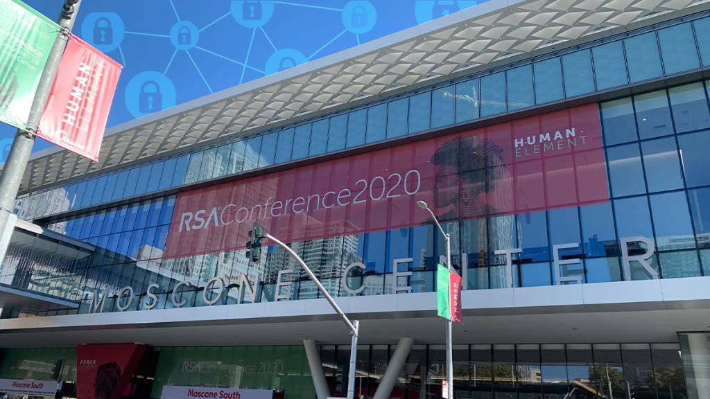 A photo of outside the Moscone Center in San Francisco and a RSA Conference 2020 banner.