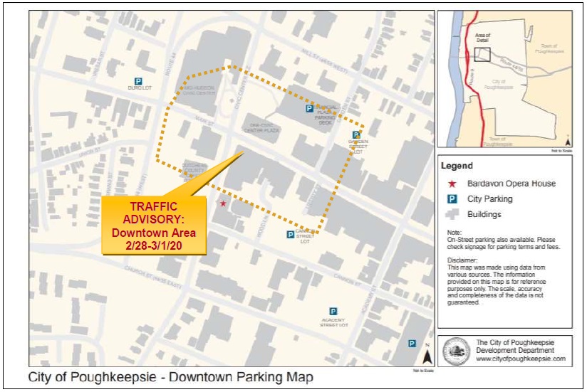 poughkeepsiePD's tweet photo. ⚠️Traffic Advisory - Downtown Poughkeepsie Area - 2/28-3/1/20 due to multiple sold-out events at the Mid-Hudson Civic Center and surrounding venues. Motorists are advised to plan accordingly and seek alternate routes, if possible. See map and press release. https://t.co/VpI7wSntV9