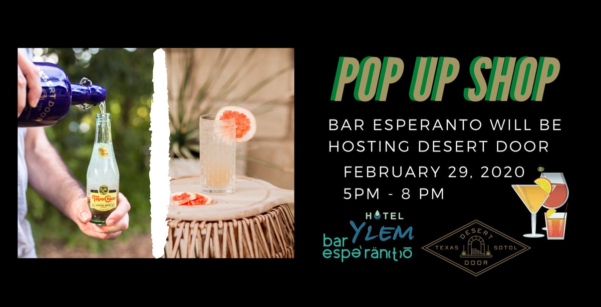 BarEsperantoHTX's tweet photo. Would you join us as Desert Door comes to Bar Esperanto? They will be in the bar with their liquor from 5-8. 

🍷Free samples of their Ranch Water &amp; Desert Paloma drinks will be available for all over the age of 21. 🍹

https://t.co/62dz57PZ1r

#popupshophouston #drinkforacause https://t.co/ae3JOcq6AK