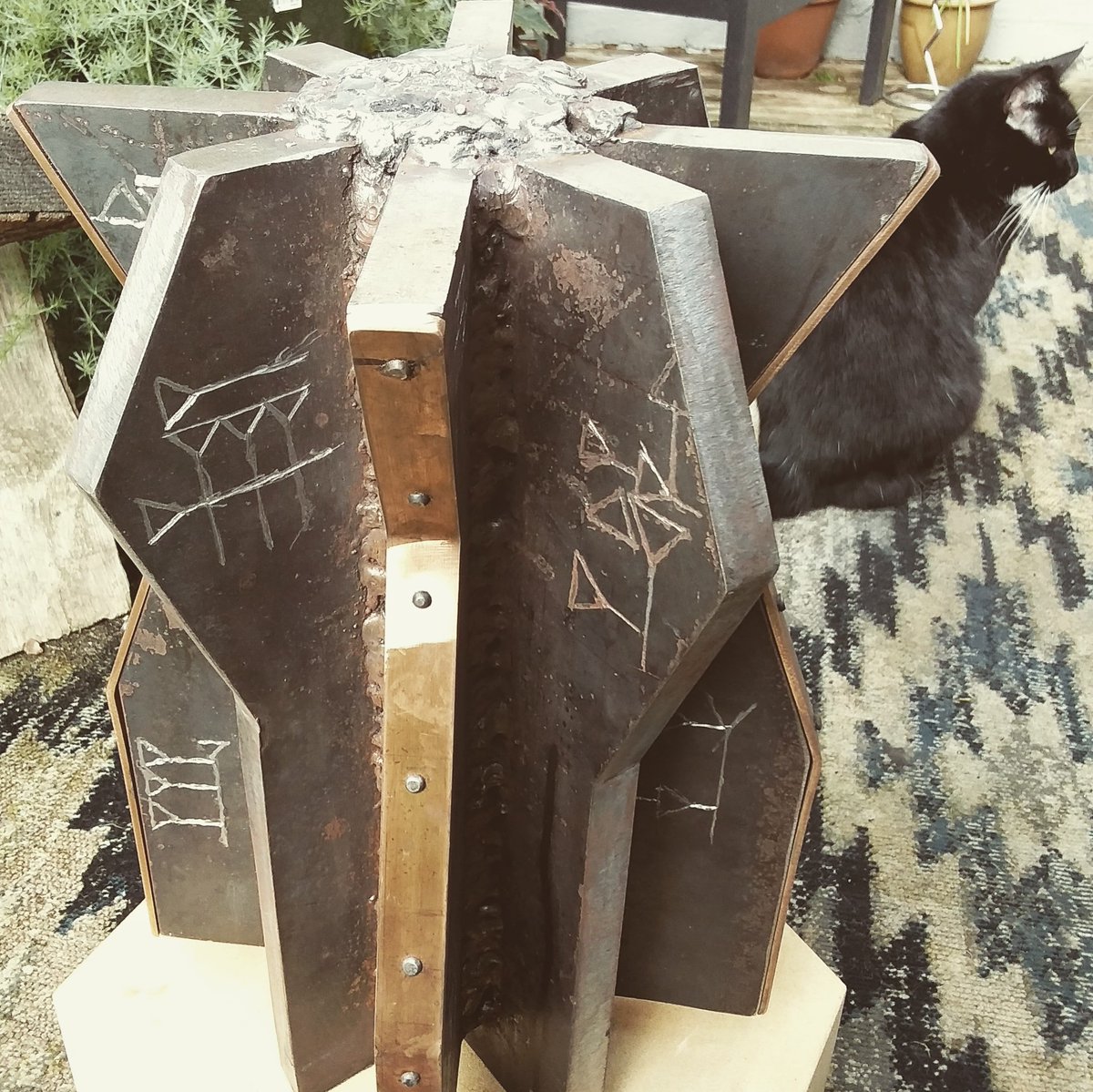 VIGOUR 
Steel and riveted Bronze strapping
Inscribed with Ancient Sumerian Cuniform 
Ancient Astronaut series