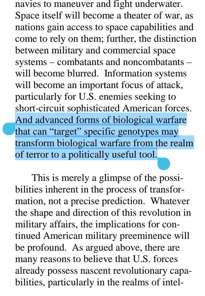 Casual mention of eugenic warfare in the Plan for a New American Century (PNAC) paper "Rebuilding America's Defenses" in 2000.  https://archive.org/details/RebuildingAmericasDefenses/page/n68/mode/2up