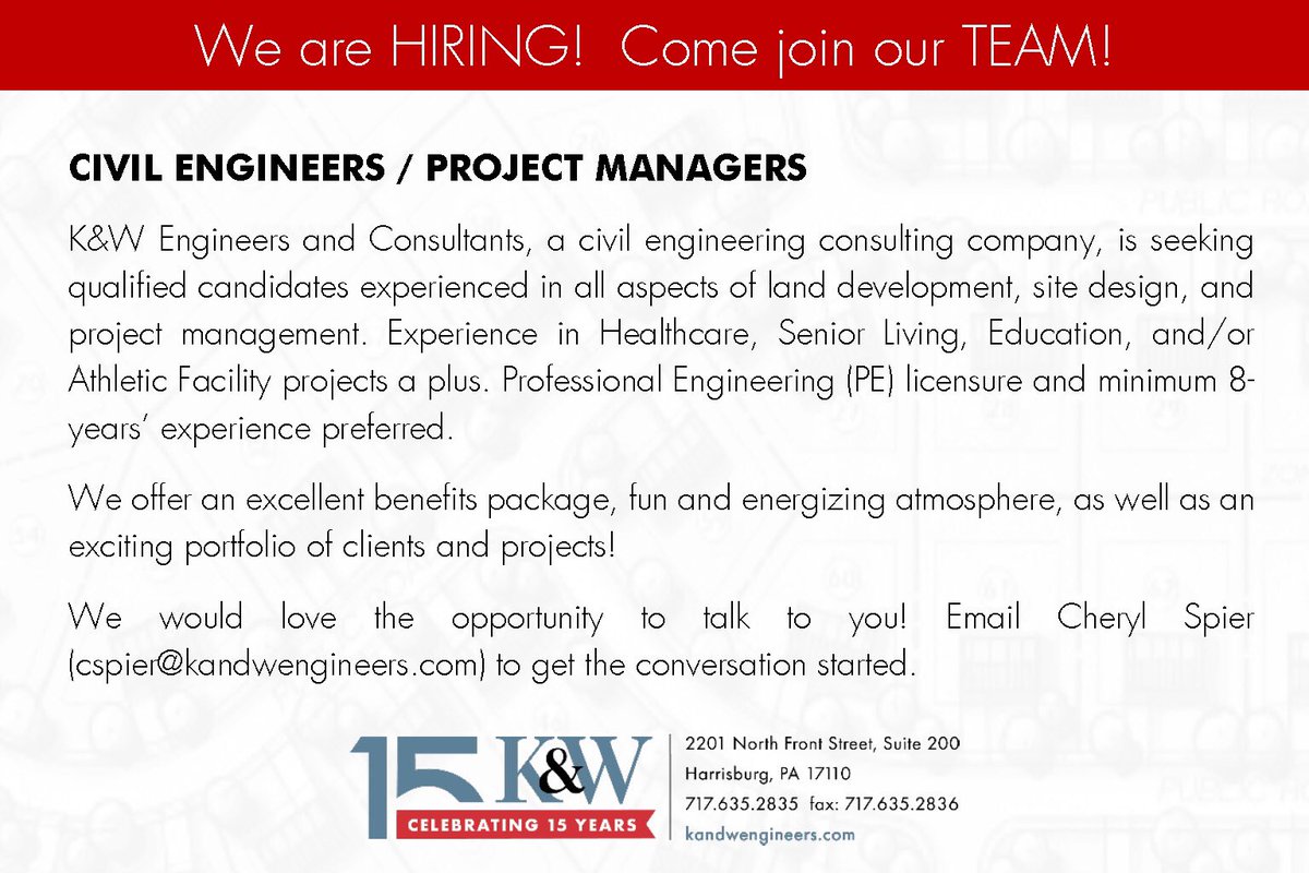We’re looking to expand our team! Interested? Let’s talk! bit.ly/2uEAABv #civilengineers #projectmanagers #harrisburgengineers #kandw