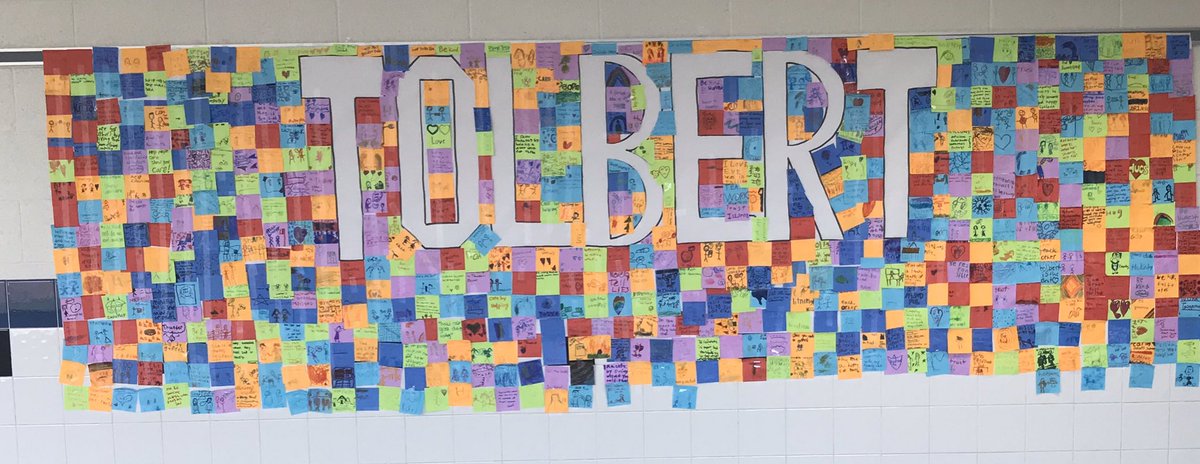 JanaDrumm's tweet photo. At our house meetings today all the kids made sticky note with either pictures or words about good character and what it looks like. Then we stuck all the notes to a big Tolbert sign. How AWESOME! @MrsBloodMusic @ElainaBeco #tolbertbettertogether #tolbertcares @Tolbert_ES https://t.co/cbPaIWFMcr