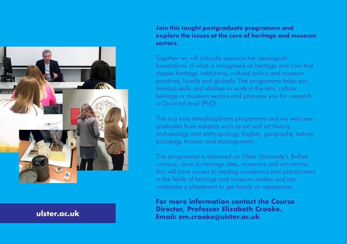 Have a look, and please retweet, our lovely new e-flyer designed for the #MAmuseumsUU #BelfastCampus <a href="/UlsterUni/">Ulster University</a> <a href="/UlsterArts/">Arts and Humanities</a> Come and join us in 2020 to celebrate #18Years. With <a href="/ppmcdermott1/">Philip McDermott</a> @TomMaguire1965