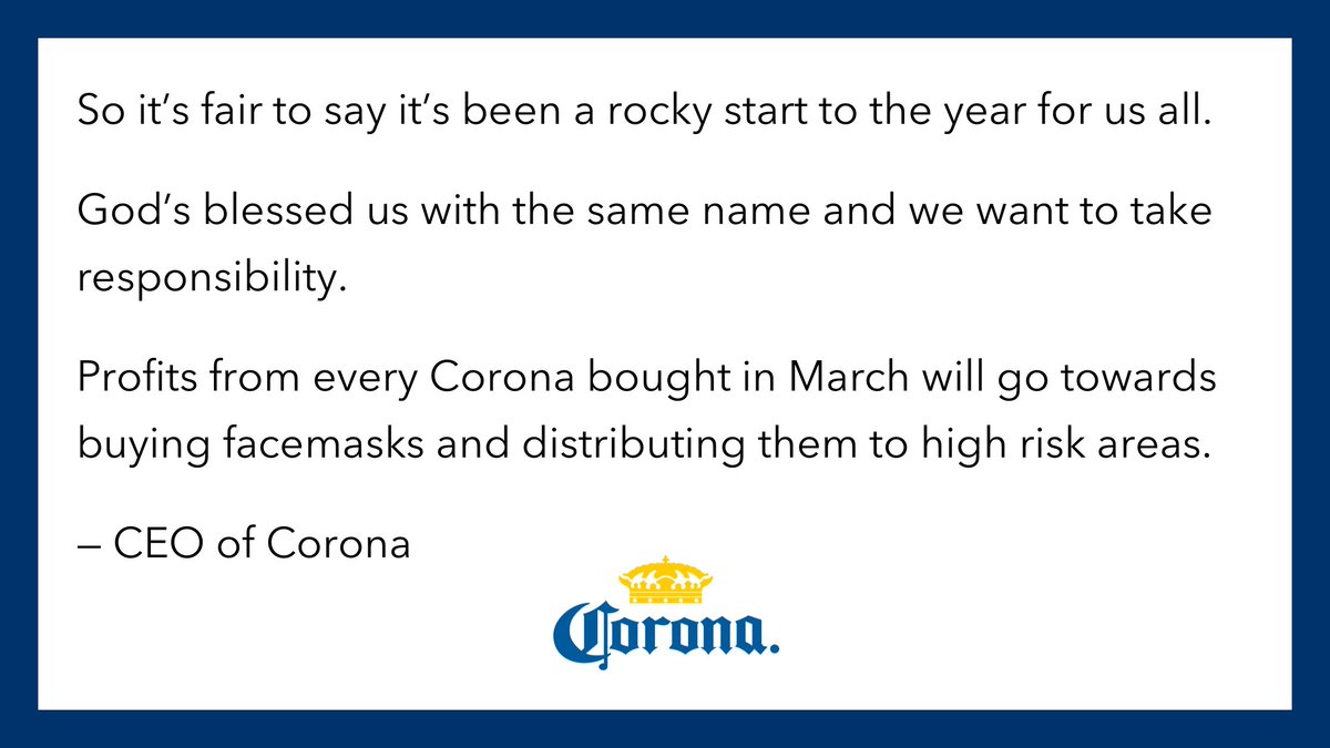 GoodMarketingHQ's tweet photo. How to handle Coronavirus if you're Corona beer: https://t.co/sOP12ck4Pc