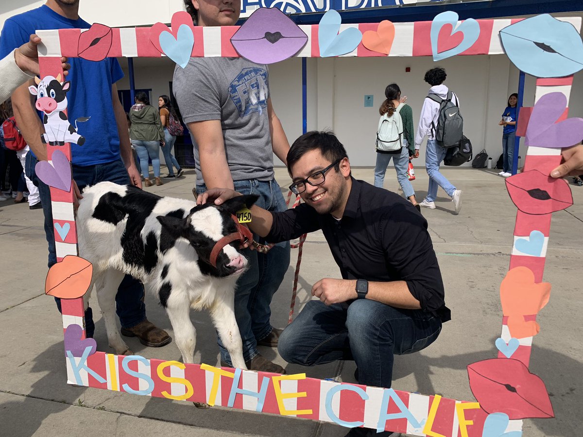 Atwater High’s Music Teacher, Mr. Flores, was a good sport at today’s “Kiss the Calf” event. What a great way to close out #FFA week! #MUHSD