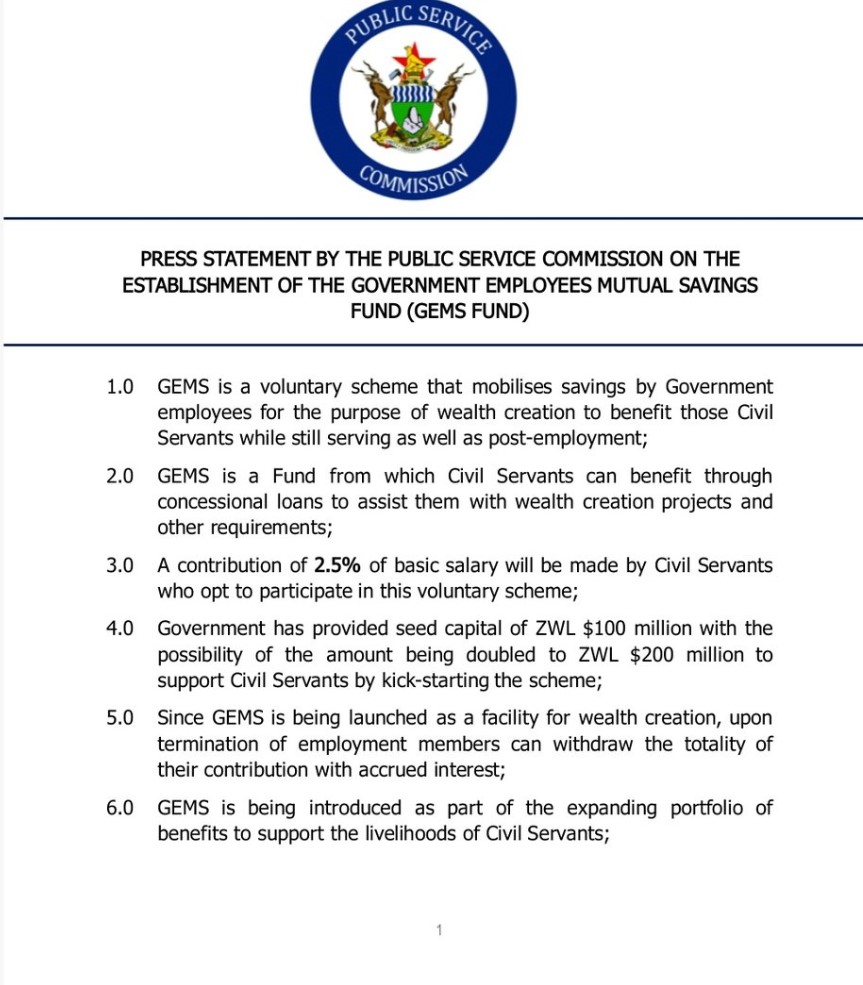 ZimTreasury's tweet photo. Press Statement by the Public Service Commission on the Establishment of the Government Employees Mutual Savings Fund (GEMS) https://t.co/7iC5bXKdGd