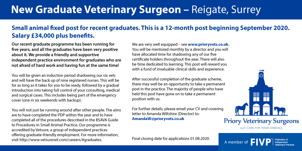 IVPCareers's tweet photo. Graduating this year? 

Priory Veterinary Surgeons in Reigate, Surrey area are currently seeking a New Graduate Veterinary Surgeon - this is a small animal fixed post starting September 2020.

For more info, or to apply email
amandaw@prioryvets.co.uk
#vetgrad #vetjob #veterinary https://t.co/GbcIXhUsZ7