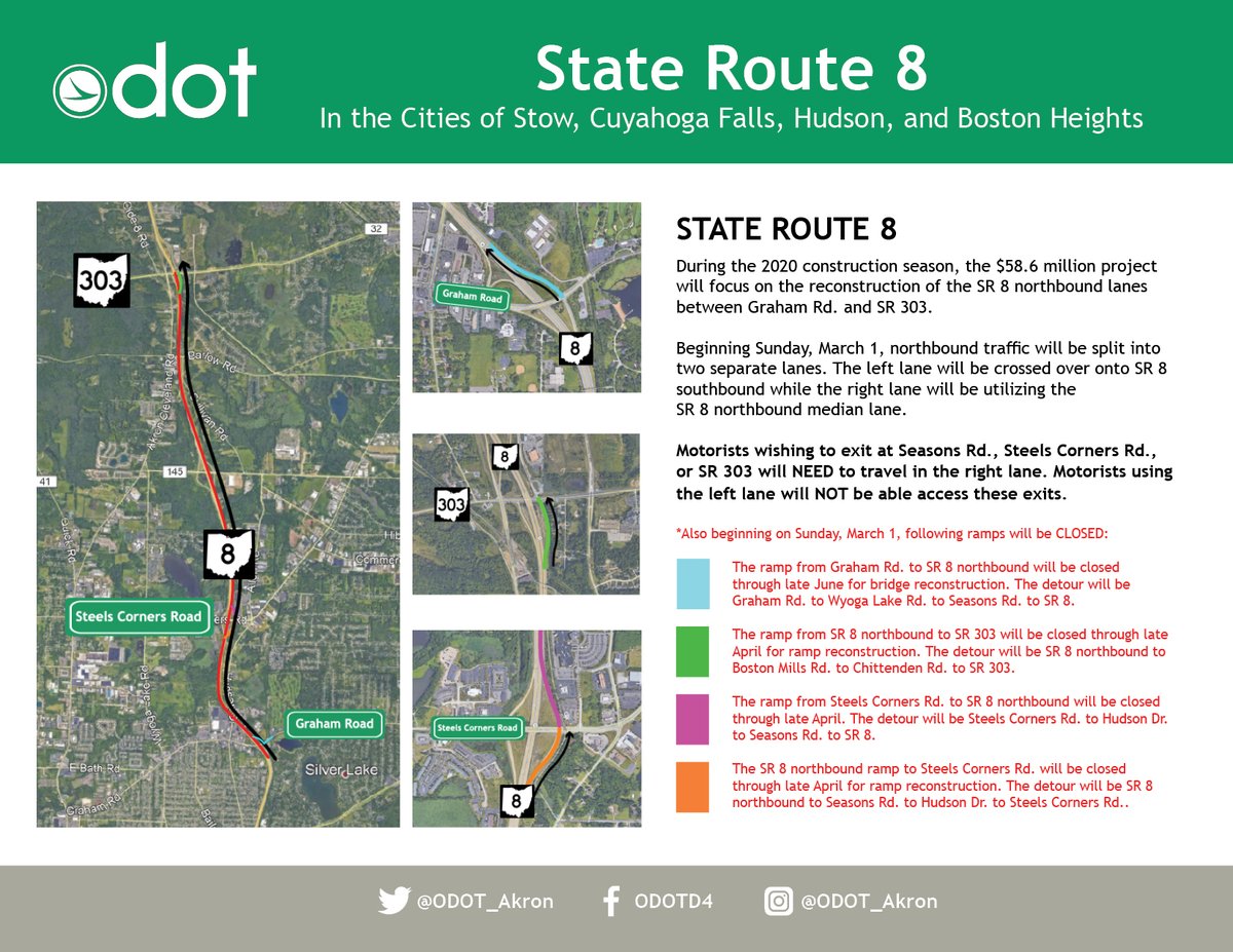 #TrafficAlert: #SummitCounty Beginning on Sunday, March 1, at 6:00 p.m. (weather permitting) the following ramps will be closed on SR 8 and northbound traffic will be split into contra-flow. Visit Ohgo.com for live traffic updates!