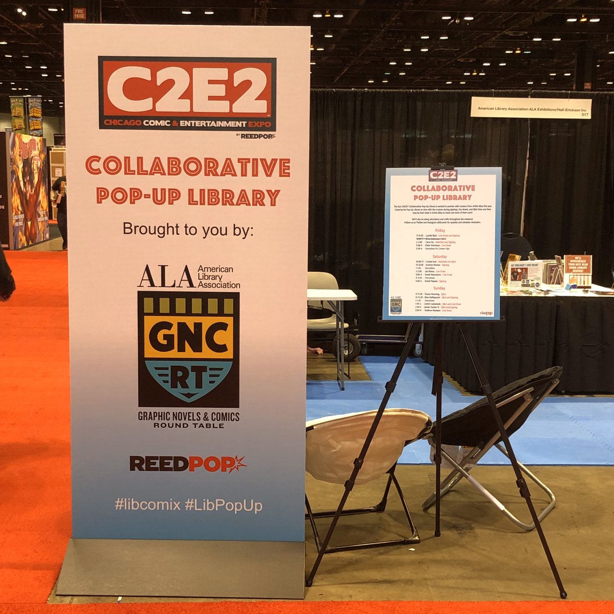 libcomix's tweet photo. Don’t forget to stop by the #LibPopUp at Booth #517 - there will be some awesome creator visits, info about GNCRT, and some friendly librarians like @InkyLibrarian , @krmowery , &amp; @qmstitt there to help! #libcomix #C2E2Lib https://t.co/QTdNXnt8pk