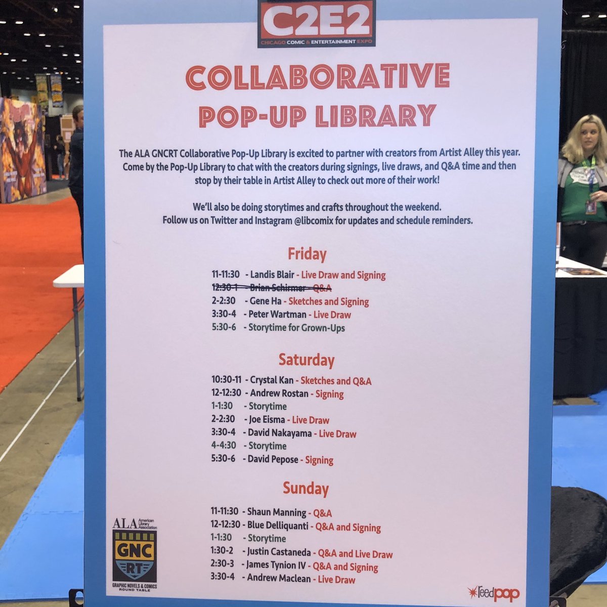 libcomix's tweet photo. Don’t forget to stop by the #LibPopUp at Booth #517 - there will be some awesome creator visits, info about GNCRT, and some friendly librarians like @InkyLibrarian , @krmowery , &amp; @qmstitt there to help! #libcomix #C2E2Lib https://t.co/QTdNXnt8pk