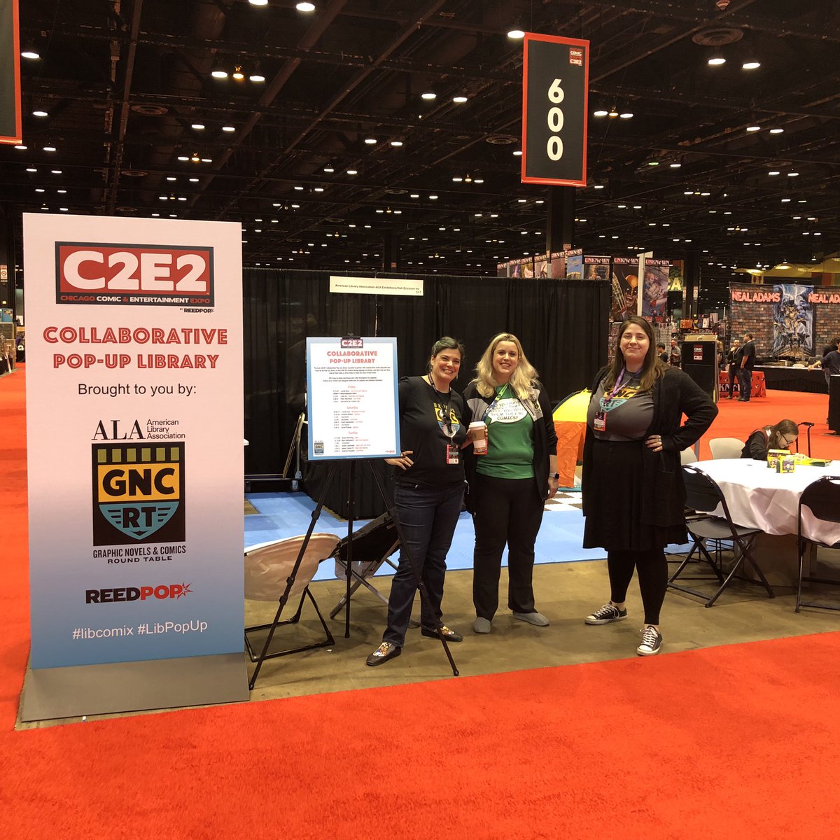 libcomix's tweet photo. Don’t forget to stop by the #LibPopUp at Booth #517 - there will be some awesome creator visits, info about GNCRT, and some friendly librarians like @InkyLibrarian , @krmowery , &amp; @qmstitt there to help! #libcomix #C2E2Lib https://t.co/QTdNXnt8pk