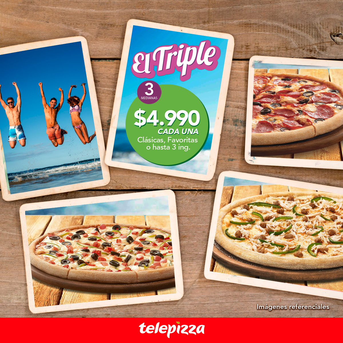 Desde ya hacemos la previa para ese reencuentro con los mejores amigos en la playa. Lleva tres Telepizzas Medianas Clásicas, Favoritas o hasta 3 ingredientes por $4.990 cada una.😉👌🤪

Pide #ElTriple ingresando aquí 👉🏻 bit.ly/398hcvN