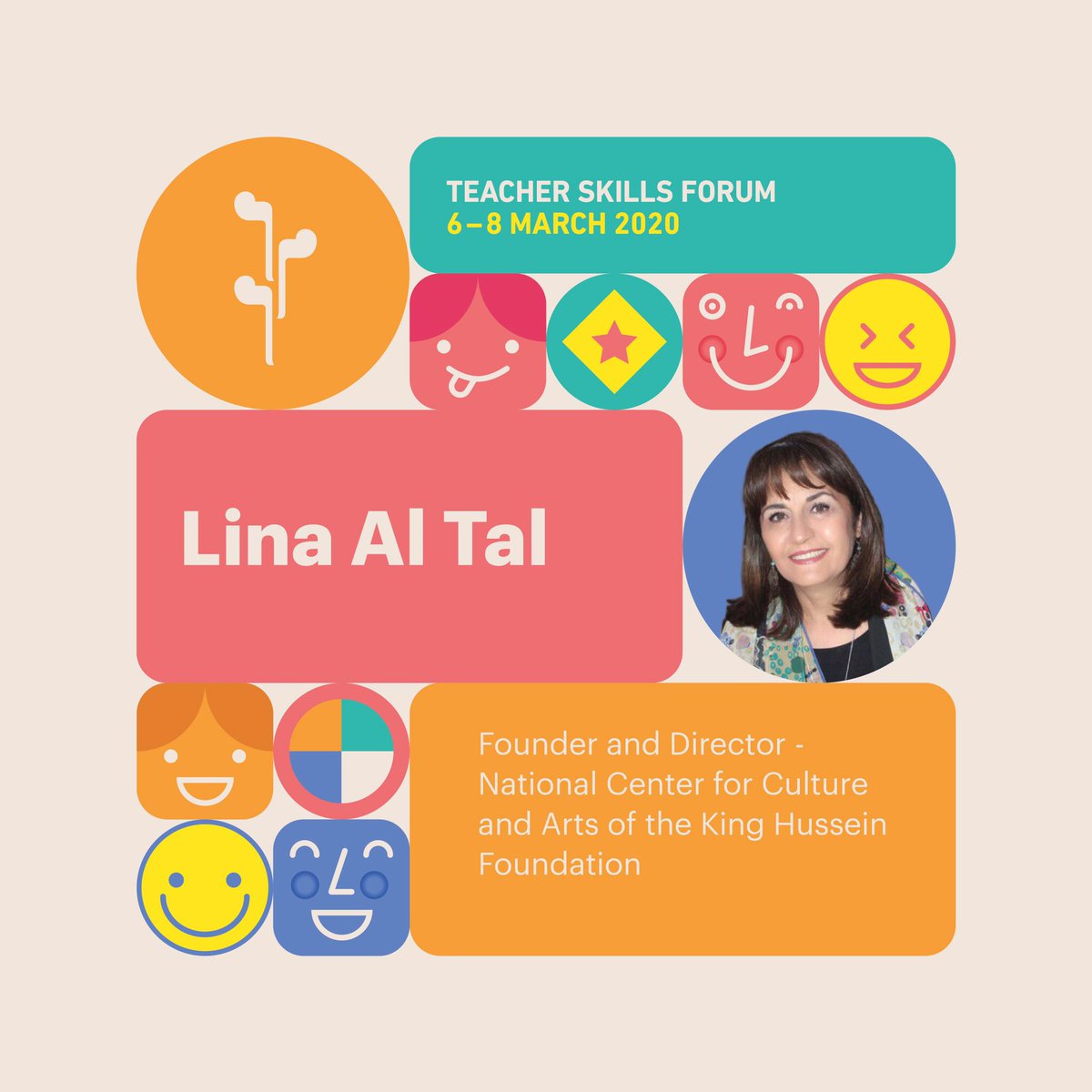 Meet our speaker at TSF 2020 Lina Al Tal from the National Center for Culture and Art of The king Hussein Foundation. 

Countdown has started! Register now:
teacherskillsforum.org

#TSF2020 #TSF #TSFJO